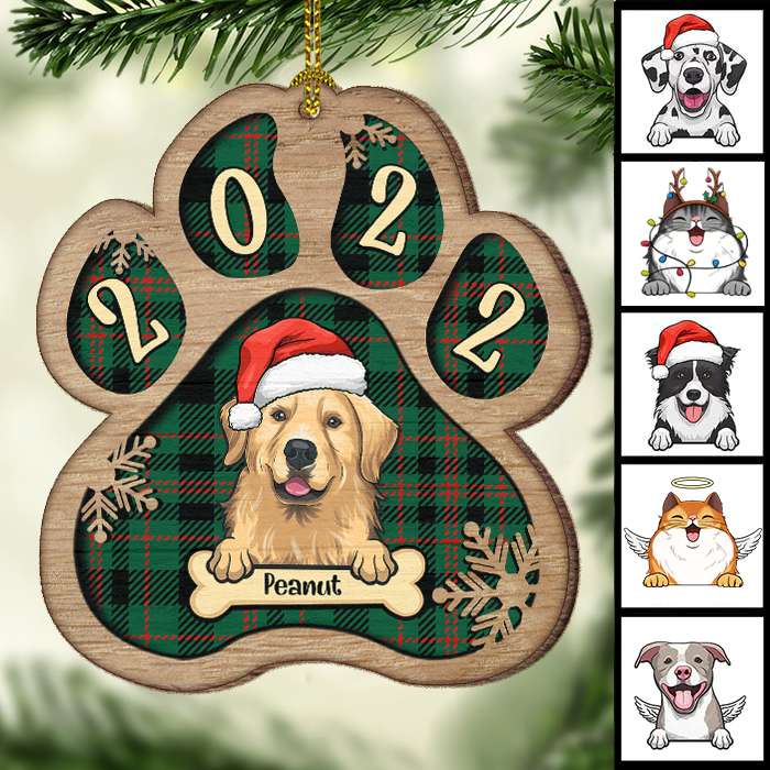 Personalized Custom Paw Shaped Wood Christmas Ornament - Dog, Cat And Snow - Plaid Buffalo Pattern - Customized Decoration And Year Gift For Pet Lovers