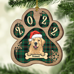 Personalized Custom Paw Shaped Wood Christmas Ornament - Dog, Cat And Snow - Plaid Buffalo Pattern - Customized Decoration And Year Gift For Pet Lovers