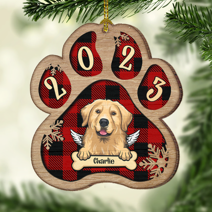 Personalized Custom Paw Shaped Wood Christmas Ornament - Dog, Cat And Snow - Plaid Buffalo Pattern - Customized Decoration Upload Image, Gift For Pet Lovers