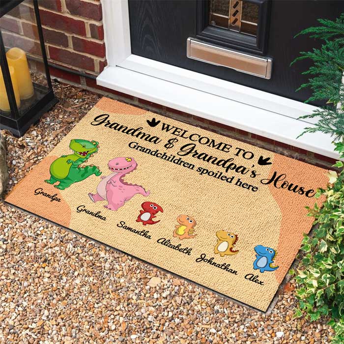 Welcome To Grandma And Grandpa's House. Grandchildren Spoiled Here - Personalized Decorative Mat