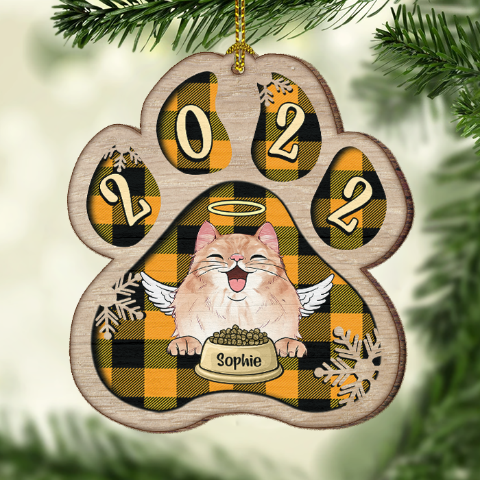Personalized Custom Paw Shaped Wood Christmas Ornament - Dog, Cat And Snow - Plaid Buffalo Pattern - Customized Decoration And Year Gift For Pet Lovers