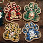 Personalized Custom Paw Shaped Wood Christmas Ornament - Dog, Cat And Snow - Plaid Buffalo Pattern - Customized Decoration And Year Gift For Pet Lovers