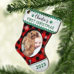 First Christmas - Christmas Is On Its Way - Upload Pet Photo - Personalized Custom Stocking Shaped Wood Christmas Ornament