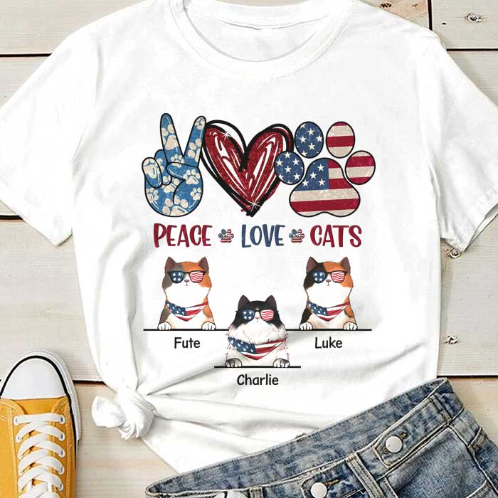 Peace Love Cats - Gift For 4th Of July, Personalized Unisex T-Shirt