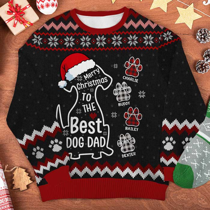 Merry Christmas To The Best Dog Dad - Personalized Custom Unisex Ugly Christmas Sweatshirt, Wool Sweatshirt, All-Over-Print Sweatshirt - Gift For Dog Lovers, Pet Lovers, Christmas Gift
