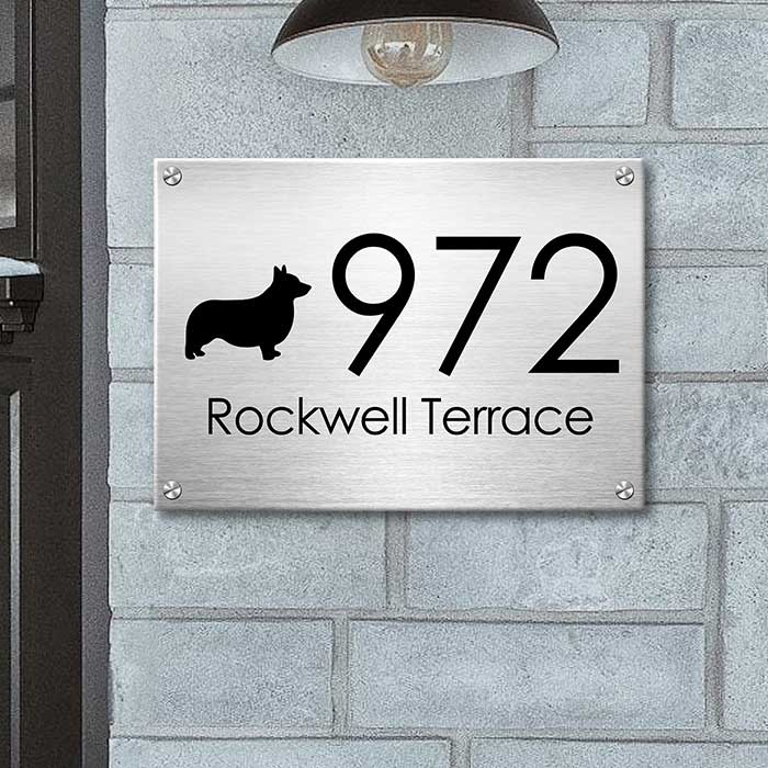 Black Dog Silhouette Modern House Number - Personalized Metal Sign