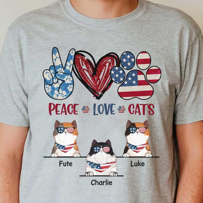 Peace Love Cats - Gift For 4th Of July, Personalized Unisex T-Shirt