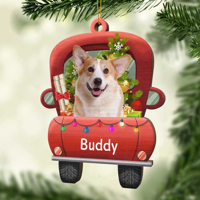 Celebrate Christmas On The Red Truck - Upload Pet Photo - Personalized Custom Car Shaped Wood Christmas Ornament