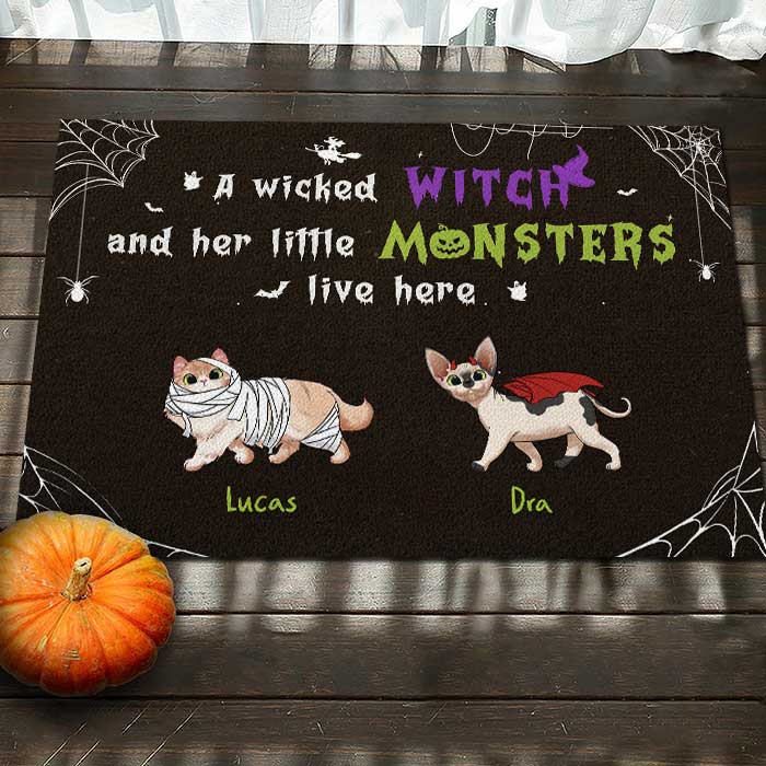 Halloween For Cats - A Wicked Witch And Her Little Monsters Live Here - Personalized Decorative Mat, Halloween Ideas