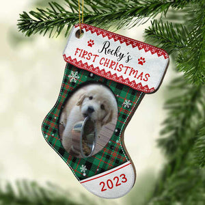 First Christmas - Christmas Is On Its Way - Upload Pet Photo - Personalized Custom Stocking Shaped Wood Christmas Ornament