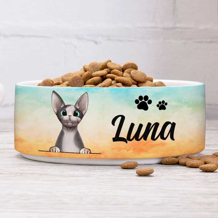 Beach Watercolor, Gift For Cat Lovers - Personalized Custom Ceramic Cat Bowls