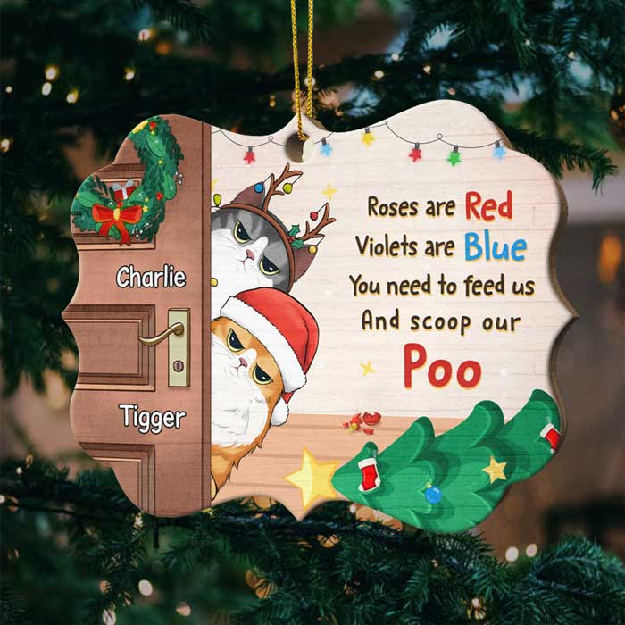 Naughty Cats Behind The Door - Personalized Custom Benelux Shaped Wood Christmas Ornament