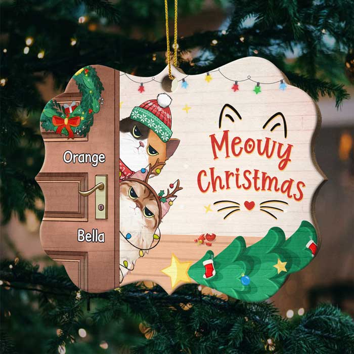 Naughty Cats Behind The Door - Personalized Custom Benelux Shaped Wood Christmas Ornament
