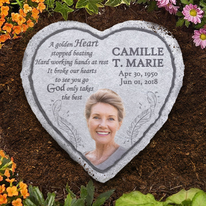 A Golden Heart Stopped Beating Hard Working Hands At Rest - Personalized Memorial Stone, Human Grave Marker - Upload Image, Memorial Gift, Sympathy Gift