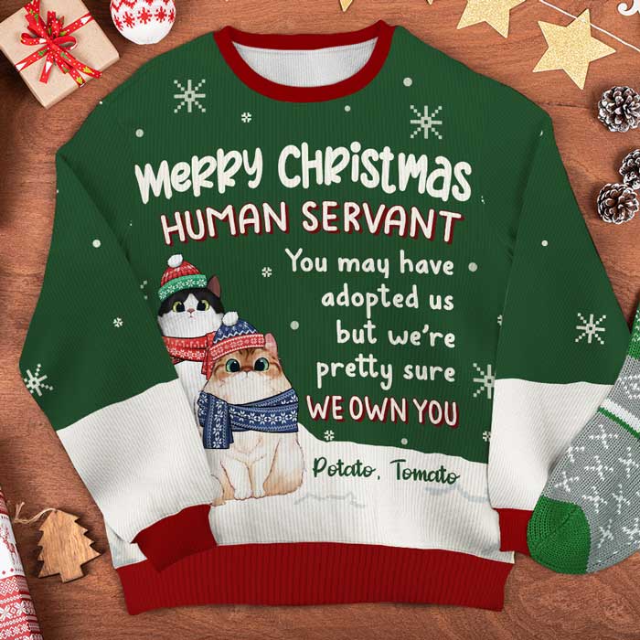 Merry Christmas Human Servant - Personalized Custom Unisex Ugly Christmas Sweatshirt, Wool Sweatshirt, All-Over-Print Sweatshirt - Gift For Cat Lovers, Pet Lovers, Christmas Gift