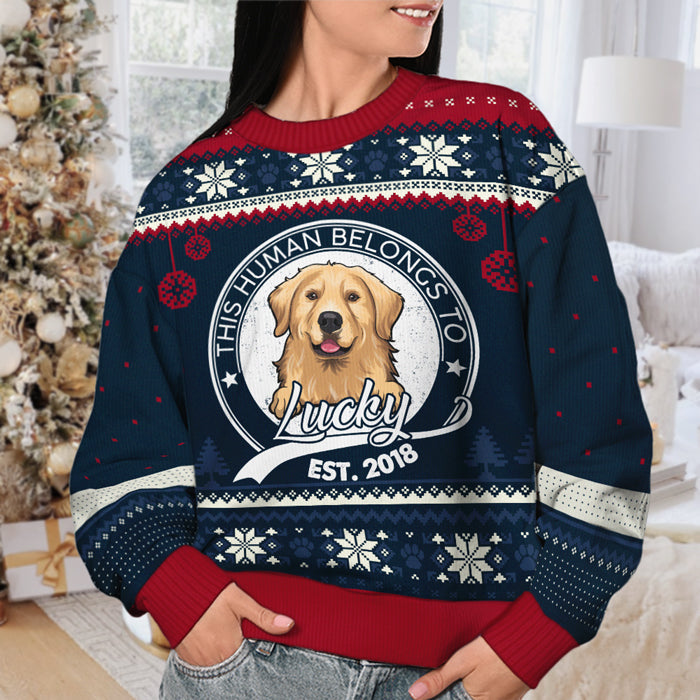 This Human Belongs To - Personalized Custom Unisex Ugly Christmas Sweatshirt, Wool Sweatshirt, All-Over-Print Sweatshirt - Upload Image, Gift For Dog Lovers, Pet Lovers, Christmas Gift