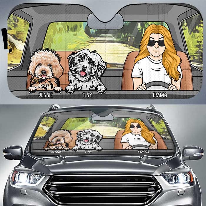 Road Trip With Dogs - Personalized Auto Sunshade - Gift For Pet Lovers