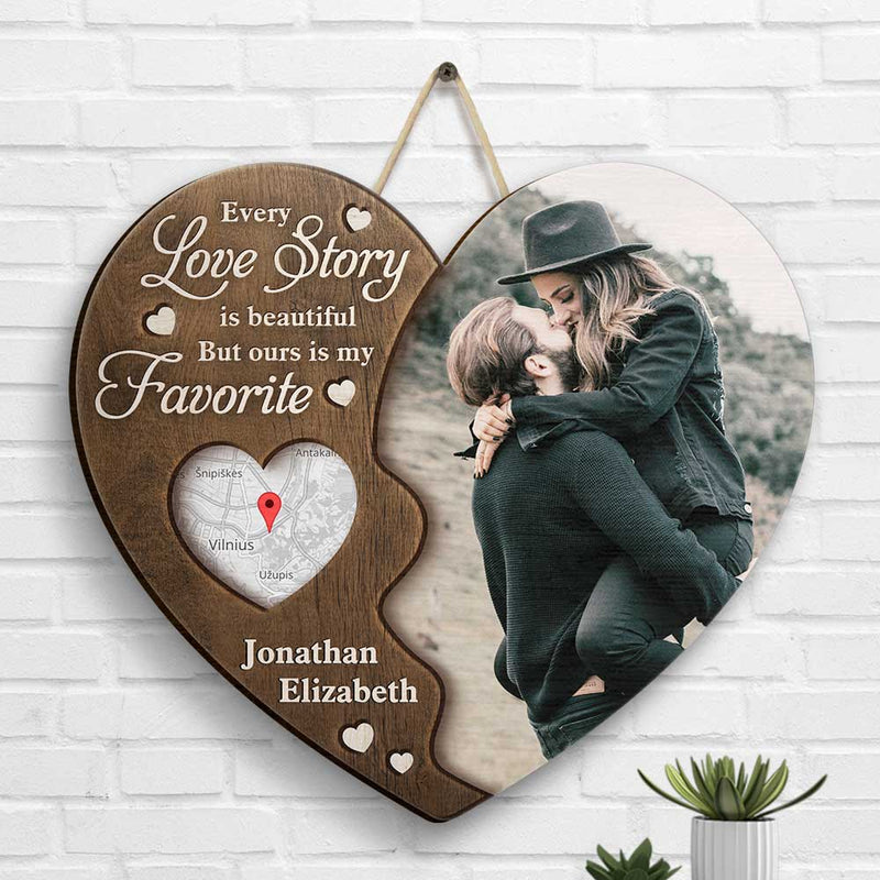 Our Love Story Is My Favorite - Personalized Shaped Wood Sign - Gift For Couples, Husband Wife