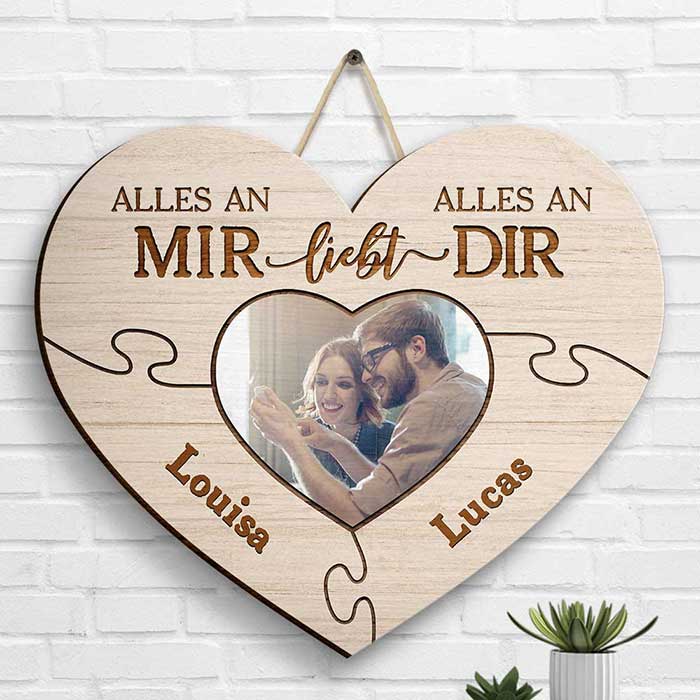 Alles An Mir Liebt Alles An Dir - Upload Image, Gift For Couples, Husband Wife - Personalized Shaped Wood Sign German