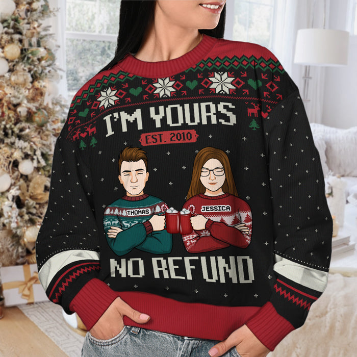 We Belong To Each Other, No Refund - Personalized Custom Unisex Ugly Christmas Sweatshirt, Wool Sweatshirt, All-Over-Print Sweatshirt - Gift For Couple, Husband Wife, Anniversary, Engagement, Wedding, Marriage Gift, Christmas Gift