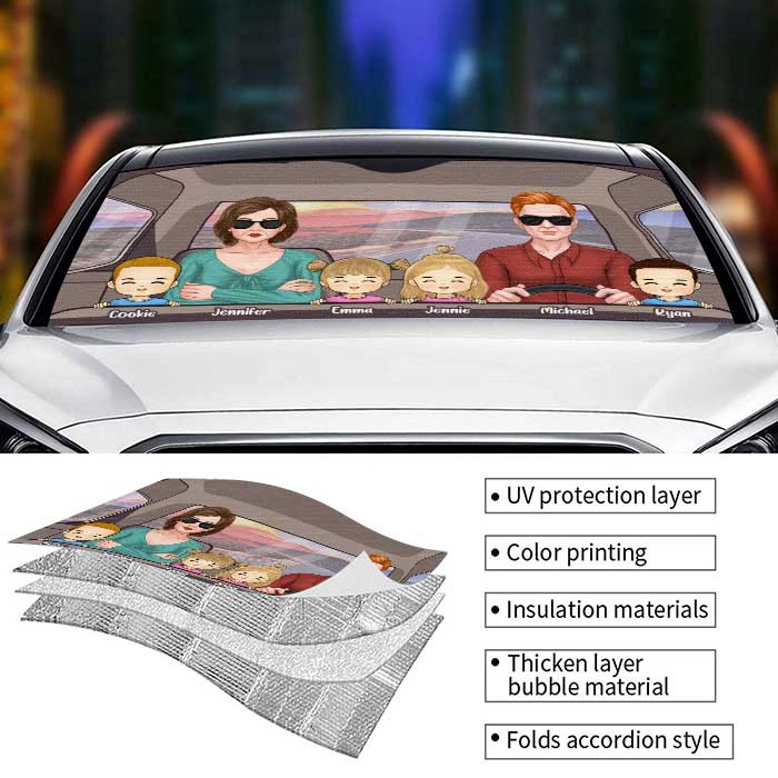 Couple Driving & Kids - Personalized Auto Sunshade - Gift For Couples, Husband Wife