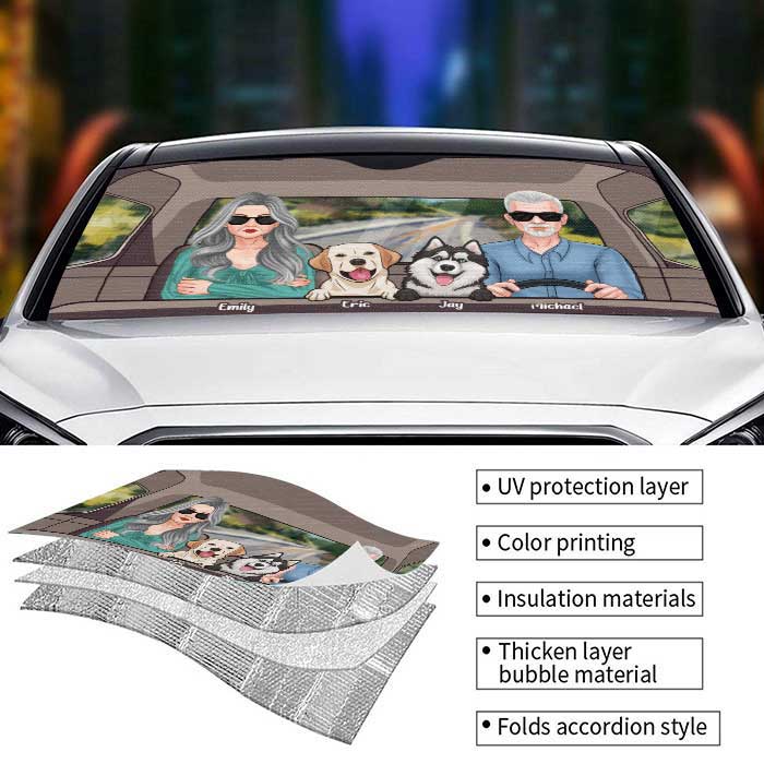 Couple Driving With Dogs - Personalized Auto Sunshade - Gift For Couples, Husband Wife