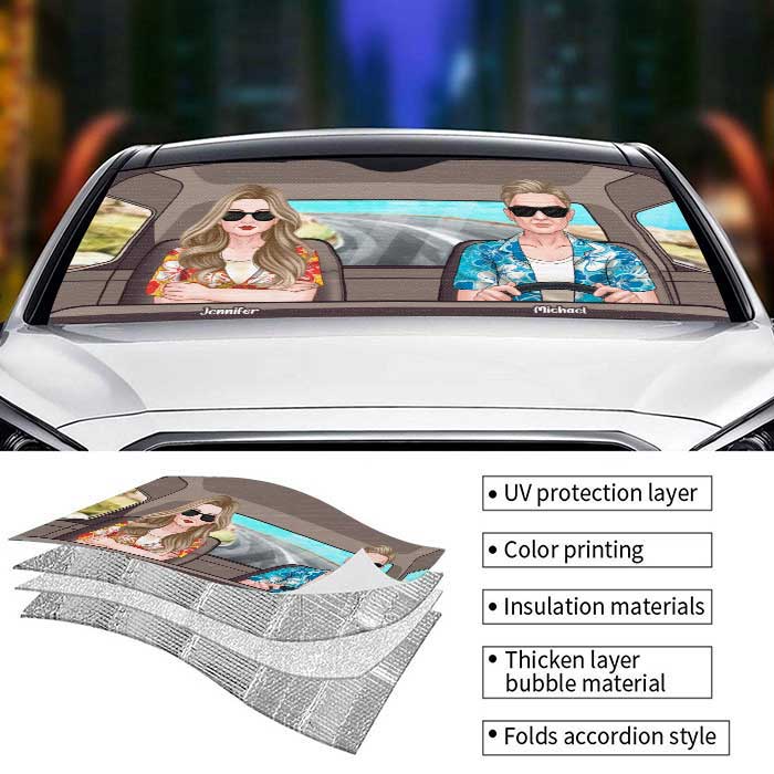 Husband Wife Driving On Road - Personalized Auto Sunshade - Gift For Couples, Husband Wife