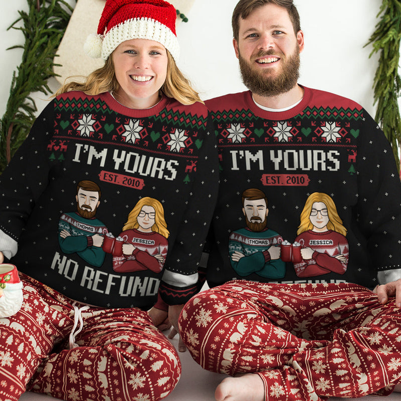 We Belong To Each Other, No Refund - Personalized Custom Unisex Ugly Christmas Sweatshirt, Wool Sweatshirt, All-Over-Print Sweatshirt - Gift For Couple, Husband Wife, Anniversary, Engagement, Wedding, Marriage Gift, Christmas Gift