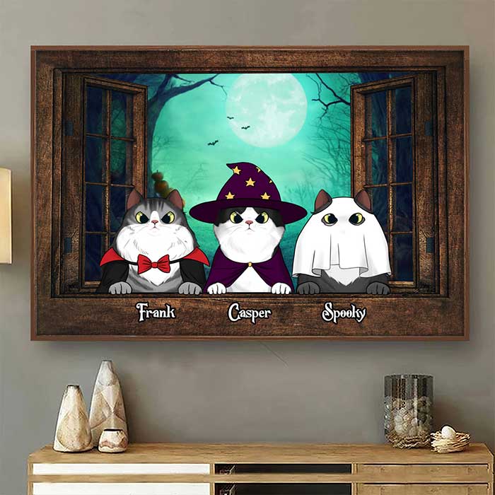 Halloween Night Cats By The Window - Personalized Horizontal Poster.