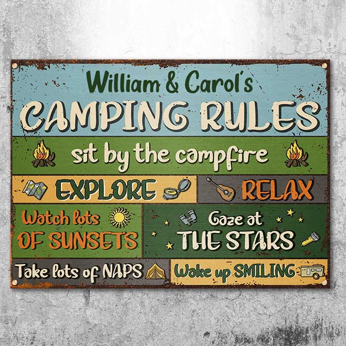 Sit By The Campfire Explore & Relax - Camping Rules - Personalized Metal Sign