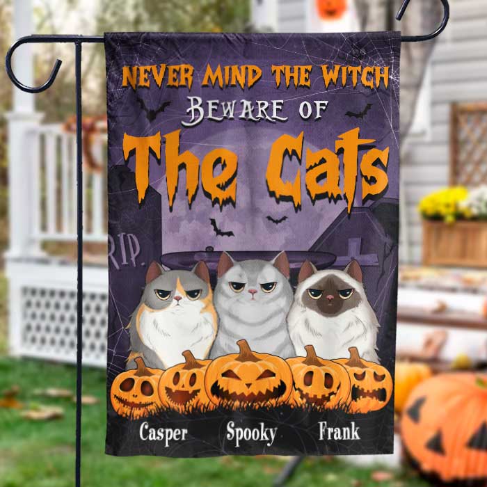 Halloween For Cats - Never Mind The Witch Beware Of The Cat - Personalized Funny Cat Flag, Halloween Ideas.