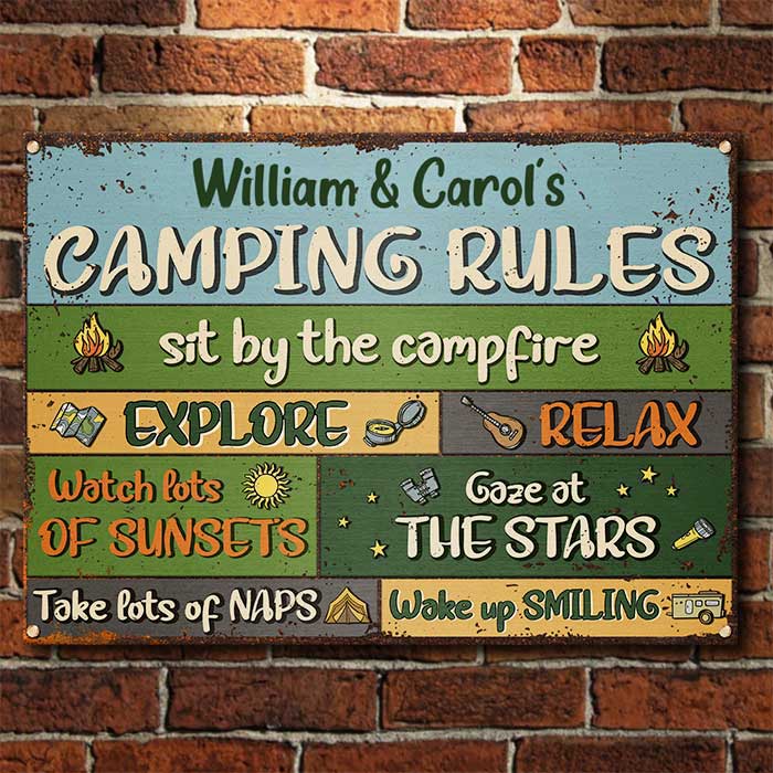 Sit By The Campfire Explore & Relax - Camping Rules - Personalized Metal Sign
