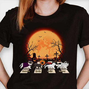 Halloween For Cats - Cat Walking Crosswalk In The Moonlight  - Personalized Unisex T-Shirt, Halloween Ideas.
