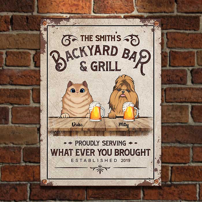 Backyard Bar & Grill With Cats And Dogs - Personalized Metal Sign