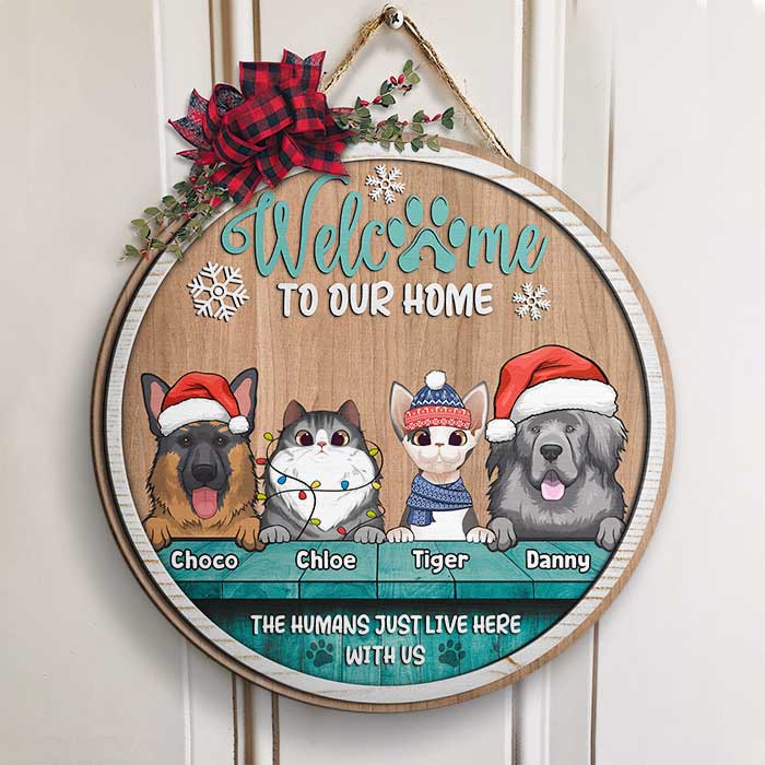 Welcome To Our Home - Christmas Dogs & Cats - Funny Personalized Door Sign.