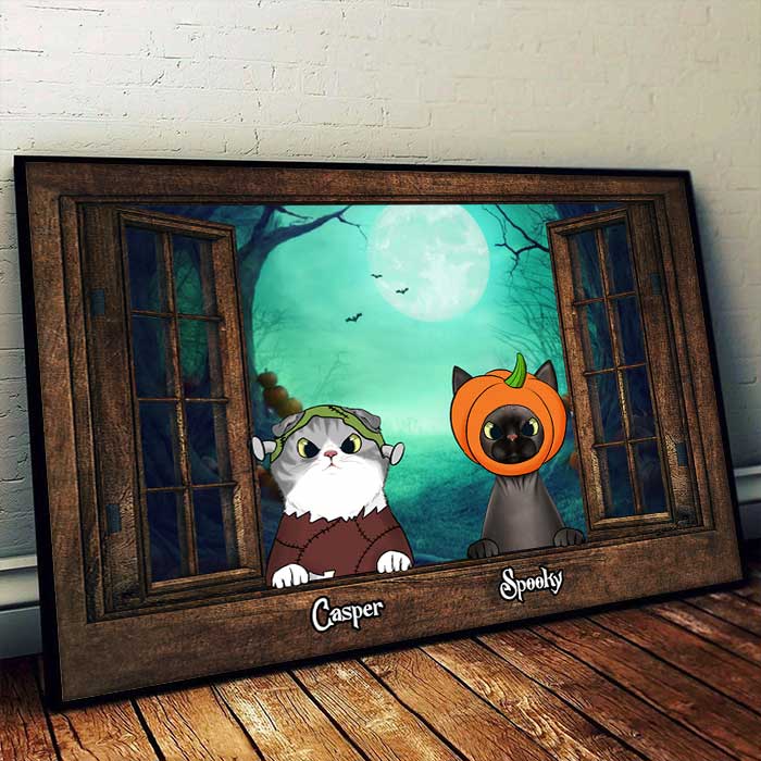 Halloween Night Cats By The Window - Personalized Horizontal Poster