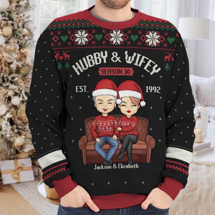 Hubby & Wifey Together - Personalized Custom Unisex Ugly Christmas Sweatshirt, Wool Sweatshirt, All-Over-Print Sweatshirt - Gift For Couple, Husband Wife, Anniversary, Engagement, Wedding, Marriage Gift, Christmas Gift