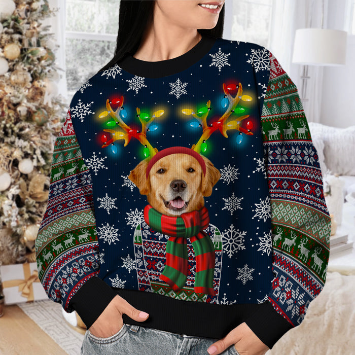 A Pet In Christmas Costume With Colorful Reindeer Antlers - Dog & Cat Personalized Custom Ugly Sweatshirt - Unisex Wool Jumper - Upload Image, Christmas Gift For Pet Owners, Pet Lovers