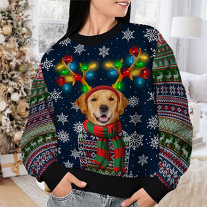 A Pet In Christmas Costume With Colorful Reindeer Antlers - Dog & Cat Personalized Custom Ugly Sweatshirt - Unisex Wool Jumper - Upload Image, Christmas Gift For Pet Owners, Pet Lovers