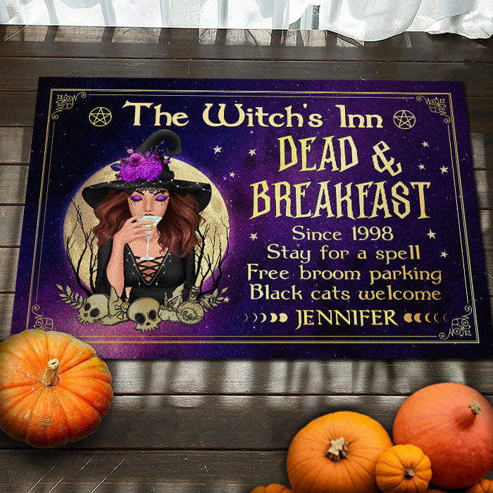 The Witch's Inn - Dead & Breakfast, Stay For A Spell Free Broom Parking - Personalized Witch Decorative Mat - Gift For Witches, Gift For Yourself, Halloween Gift