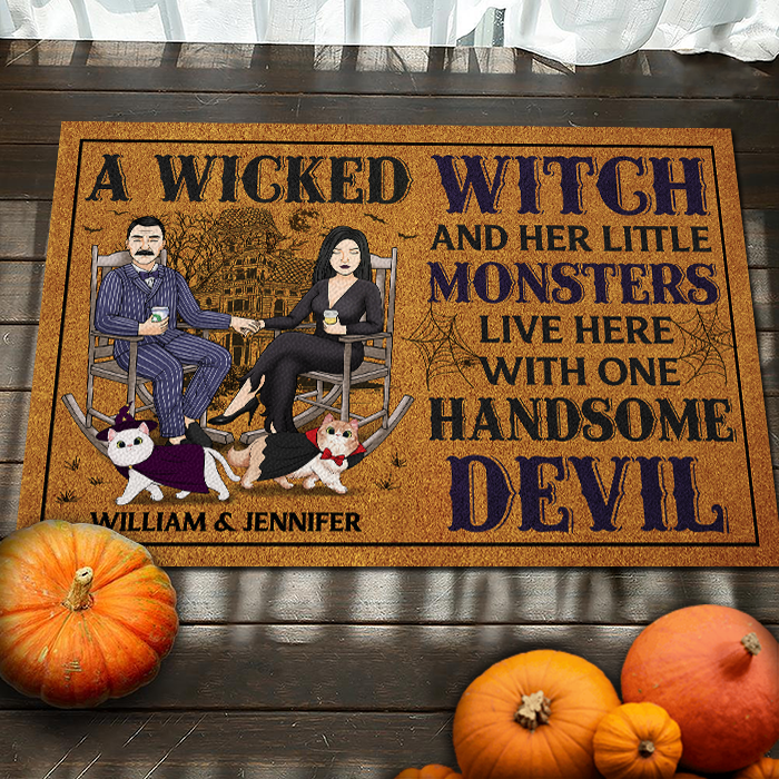 A Wicked Witch & Her Lil Monsters Live Here With A Handsome Devil - Personalized Decorative Mat - Gift For Couple, Husband Wife, Pet Lovers, Halloween Gift