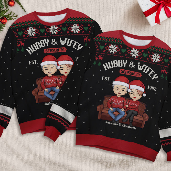 Hubby & Wifey Together - Personalized Custom Unisex Ugly Christmas Sweatshirt, Wool Sweatshirt, All-Over-Print Sweatshirt - Gift For Couple, Husband Wife, Anniversary, Engagement, Wedding, Marriage Gift, Christmas Gift
