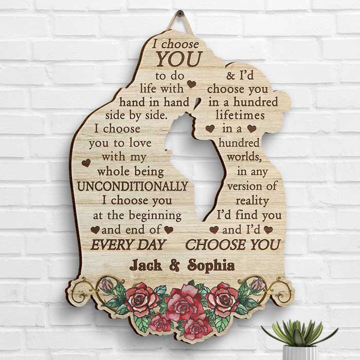 I'd Choose You In A Hundred Lifetimes - Gift For Couples, Husband Wife, Personalized Shaped Wood Sign.