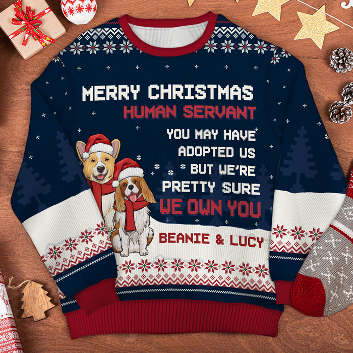 Merry Christmas Human Servant - Personalized Custom Unisex Ugly Christmas Sweatshirt, Wool Sweatshirt, All-Over-Print Sweatshirt - Gift For Dog Lovers, Pet Lovers, Christmas Gift