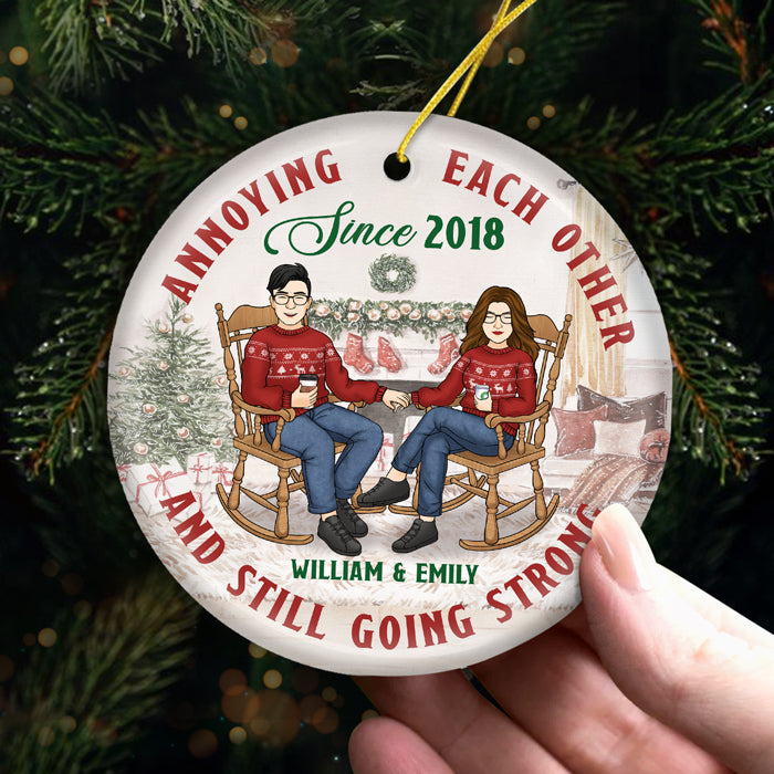 Annoying Each Other For Decades But Still Going Strong Now - Couple Personalized Custom Ornament - Ceramic Round Shaped - Christmas Gift For Husband Wife, Anniversary