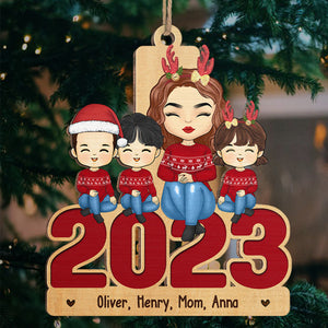 Mom And Kids Sitting Together 2023 - Family Personalized Custom Ornament - Wood Unique Shaped - Christmas Gift For Family Members