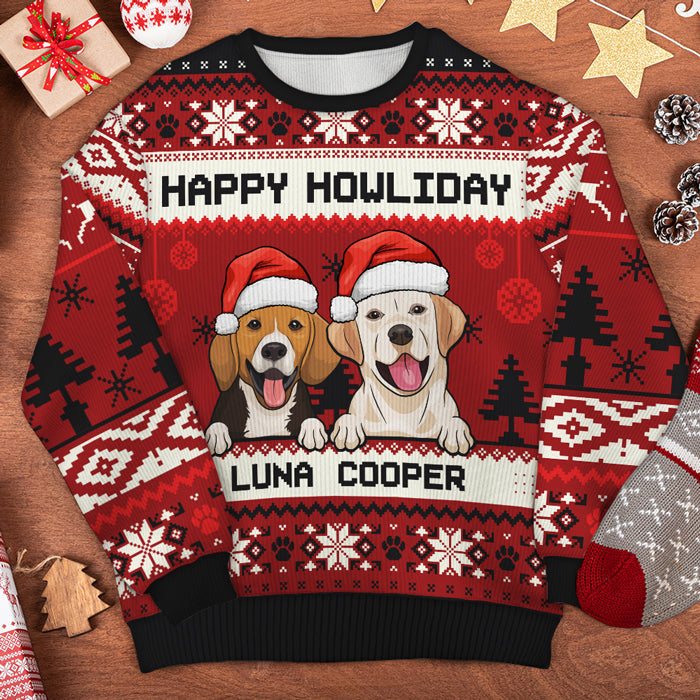 Merry Christmas, Happy Howliday - Personalized Custom Unisex Ugly Christmas Sweatshirt, Wool Sweatshirt, All-Over-Print Sweatshirt - Gift For Dog Lovers, Pet Lovers, Christmas Gift