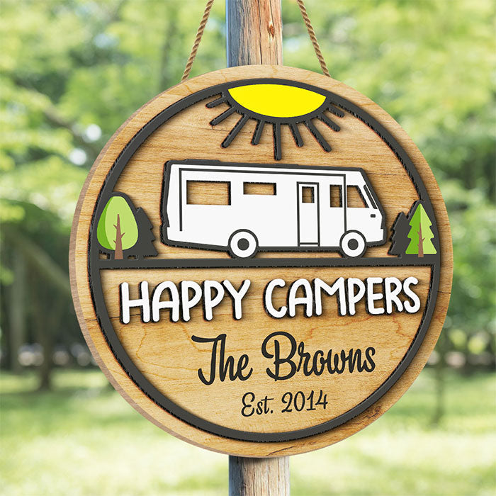 Family Happy Campers - Personalized Shaped Wood Sign, 2 Layers Sign - Gift For Camping Lovers