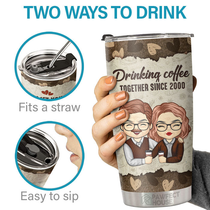 Drinking Coffee Together - Personalized Tumbler - Gift For Couple, Husband Wife, Anniversary, Engagement, Wedding, Marriage Gift
