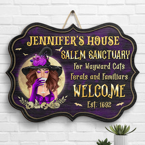 Salem Sanctuary For Wayward Cats, Ferals And Familiars - Personalized Witch Shaped Wood Sign - Gift For Witches, Gift For Yourself, Halloween Gift